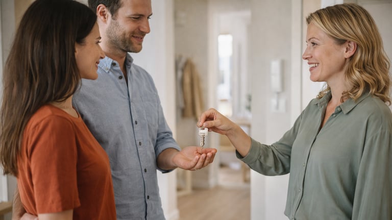 Property manager handing apartment keys to guests during rental check-in in a modern home