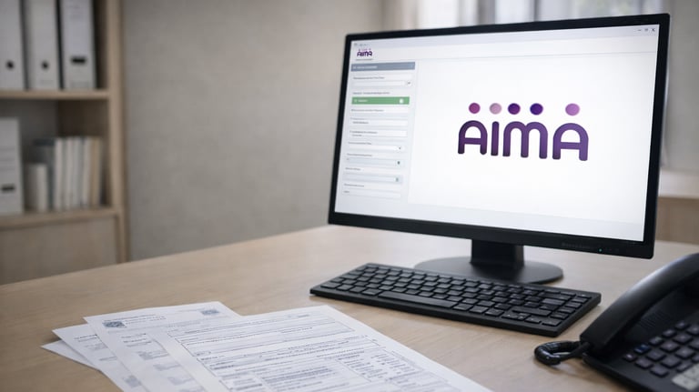 AIMA guest data reporting and legal compliance workspace with computer and documentation in Portugal