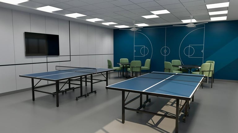 3D-rendered games room with ping pong tables, a sports-themed wall design–by SketchyCAD.