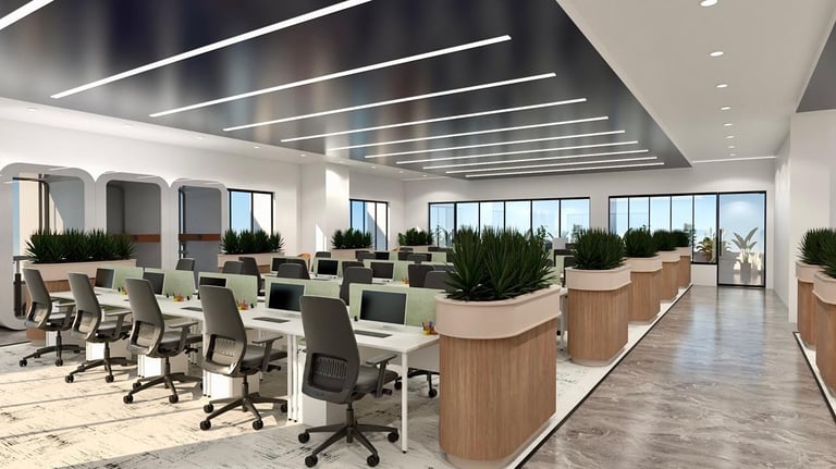 3D-rendered open-plan office with ergonomic desks, green dividers, and sleek lighting –by SketchyCAD