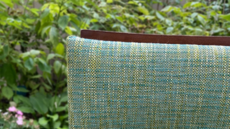 reupholstered side chair in blue & green woven fabric - Luxeworths Upholstery