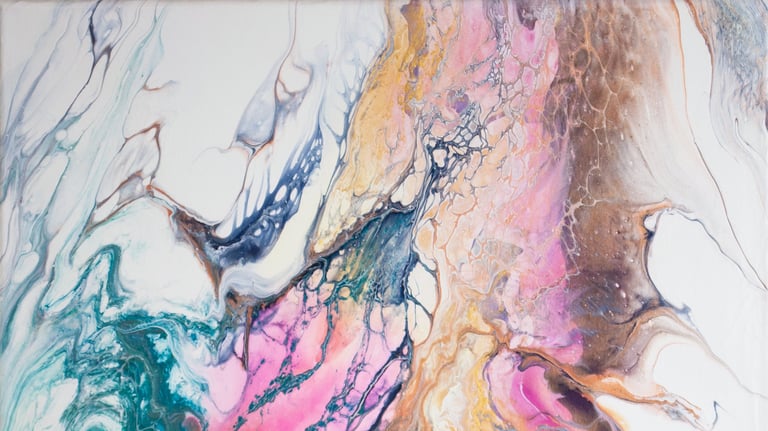 A marble swipe on canvas in teal, pink, brown, and blue