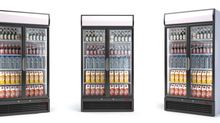 a refrigerator with two glass doors and a refrigerator