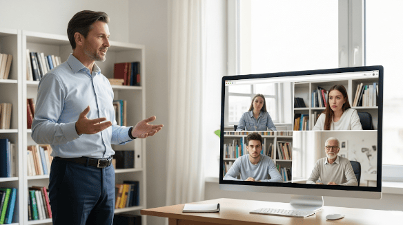 professore che spiega davanti ad un monitor con quattro studenti collegati in webinar