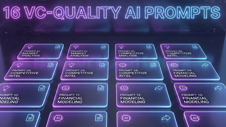 Sixteen glowing neon-gradient AI prompt cards arranged in a grid, representing VC-quality prompts fo