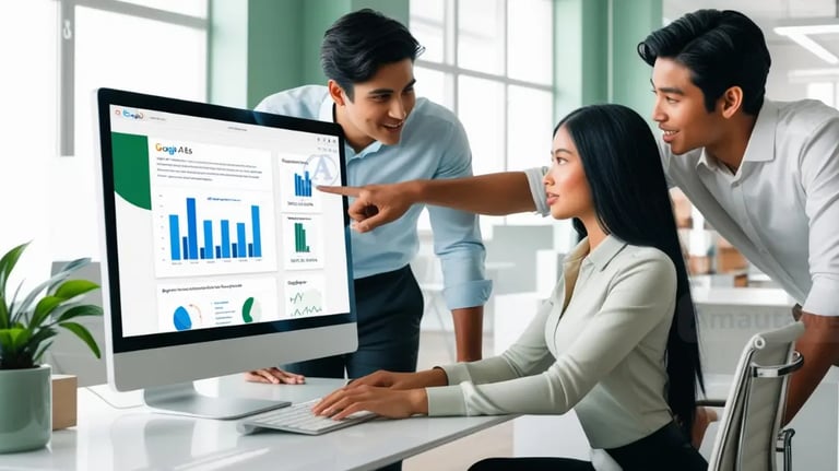 Tres personas trabajando juntas en una oficina, analizando gráficos y datos en la pantalla de una computadora sobre campañas 