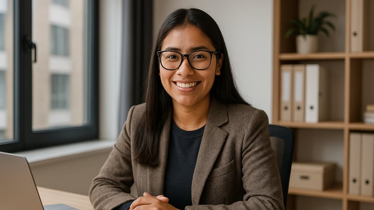 a woman in glasses and a suit jacket sitting at a desk