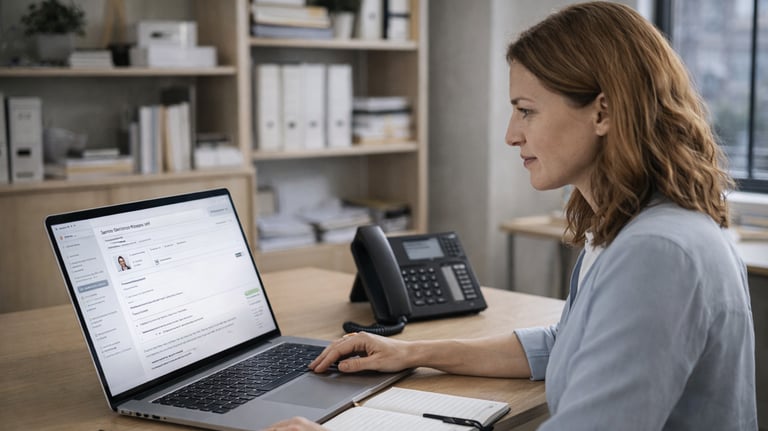 Property management coordinator reviewing a guest request on a laptop at a modern office desk with n