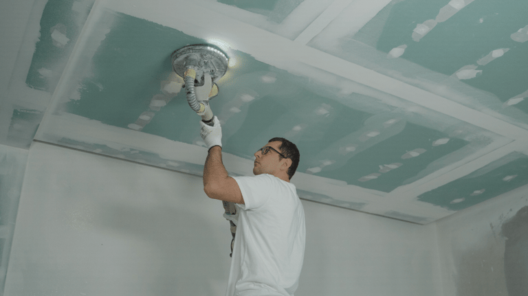 a man is painting a ceiling with a ceiling fan