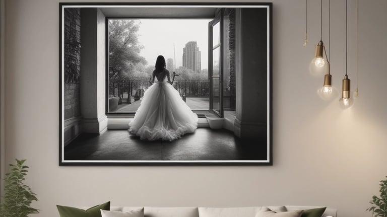 quinceanera in a white dress is standing in front of a large picture frame