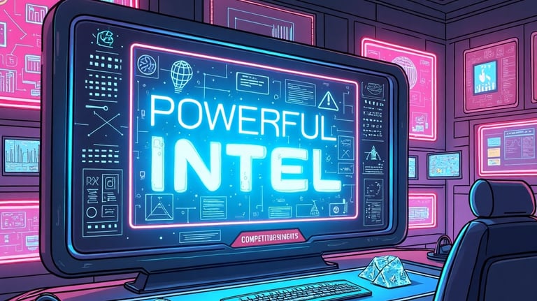 a computer monitor with the display "powerful intel"
