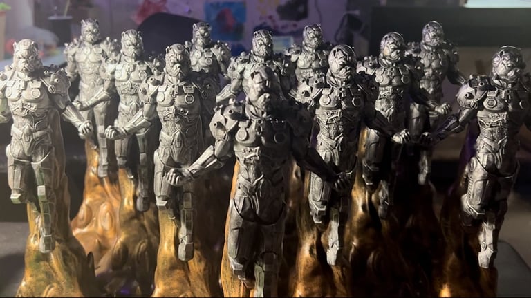 a group of custom cyborg bully trophies for a Bully show