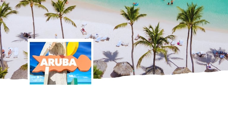 Placa de Aruba com praia típica do Caribe ao fundo.