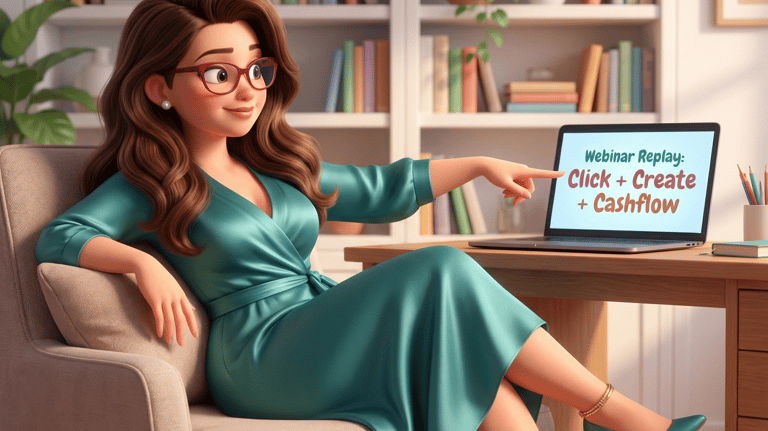 woman lounging in office pointing to a webinar replay on a tablet on desk