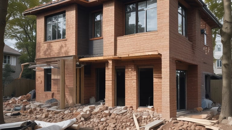 A two-story house under renovation with new brickwork being added. A black tarp covers construction materials in the foreground, surrounded by wood and other building materials. The house features a light brown exterior with two windows on the upper floor, white-framed doors, and a partially completed extension on the ground floor.