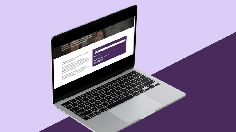 a laptop computer screen showing a website page on a purple background