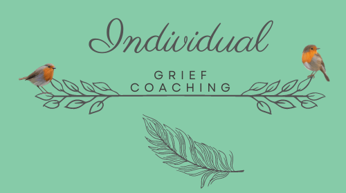 two robins on words Individual Grief Coaching feather under with calm green background