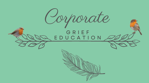 two robins on words Corporate Grief Education feather under with calm green background