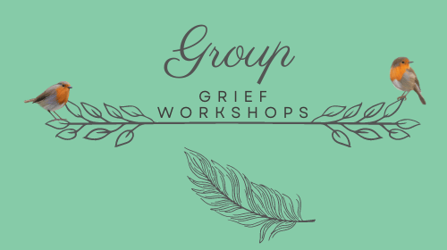 two robins on words Group Grief Workshops feather under with calm green background