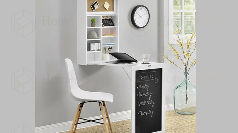 a foldable desk with a chalkboard writing on it