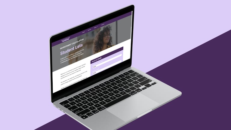 a laptop computer screen showing a website page on a purple background