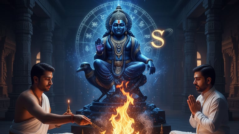 Shani puja ritual with oil, black sesame, and diya