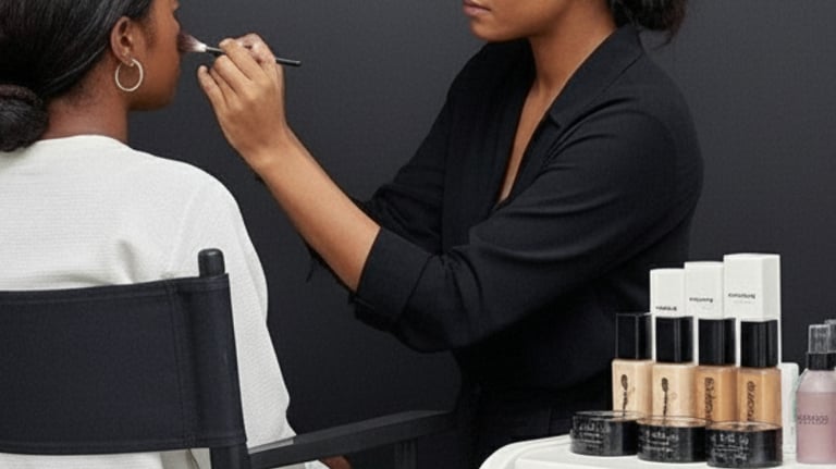 Professional makeup artist applying foundation to a client near a vanity cart with beauty products.