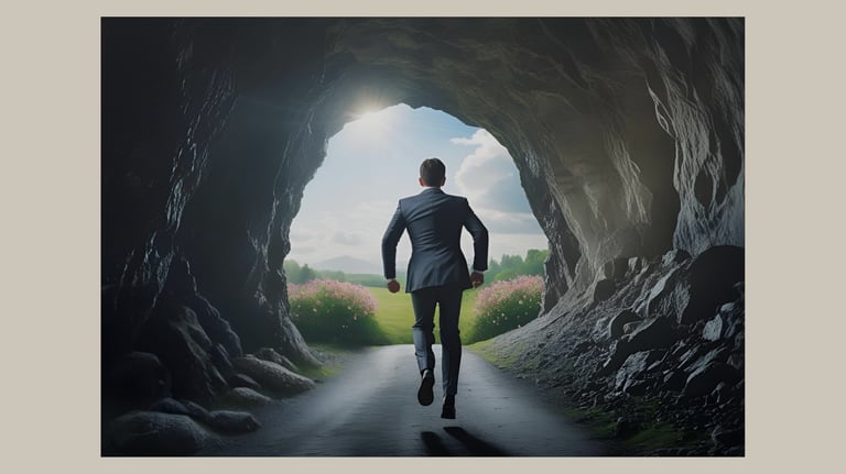Businessman runs out of a dark cave into the light – symbolizing liberation from the rat race and a new beginning.
