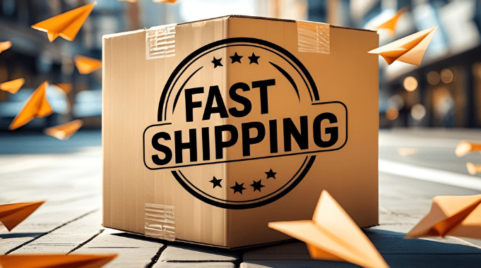 Cardboard box with FAST SHIPPING on the side waiting to be shipped.