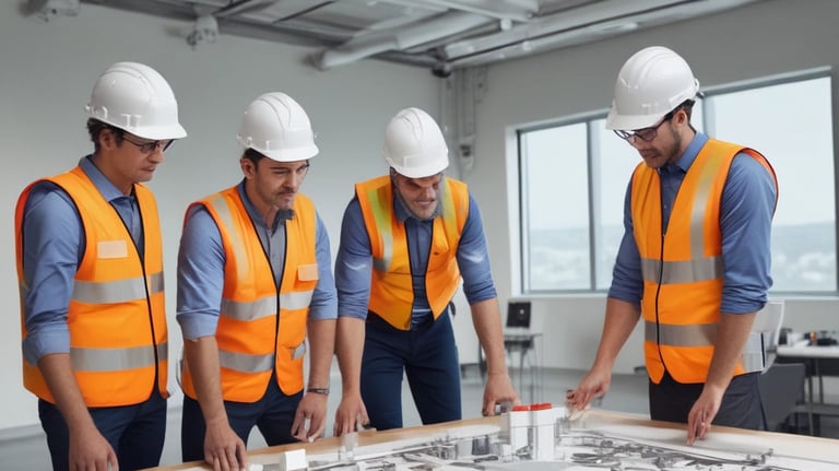 A landscape featuring a large solar panel array in the foreground, with a modern wind turbine to the left. Behind the renewable energy installations, an industrial facility with multiple chimneys and storage tanks is visible under a clear blue sky.