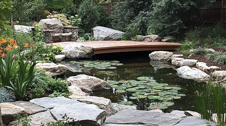 Hardscape of pond, boulders, rocks, decking in a tropical garden landscape