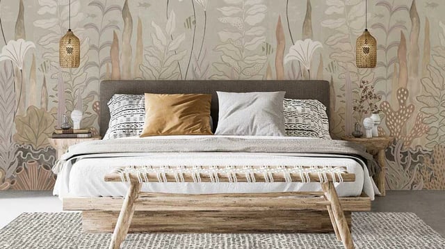 Modern bedroom with floral wall mural, wooden bed frame, and woven pendant lights.