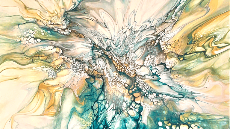 An abstract bloom on canvas with teal, yellow, green, and gold