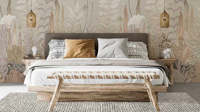 Modern bedroom with floral botanical wallpaper mural, wooden bed frame, and woven pendant lights.