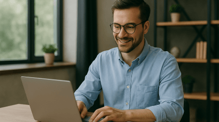 a man sitting at a table with a laptop computer