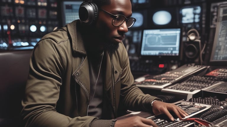 A person with long hair tied back operates music production equipment, including an AKAI MPC and a laptop, in a studio setting. Additional equipment like a turntable and speakers are visible, with various items such as a jar and pens placed on a desk.