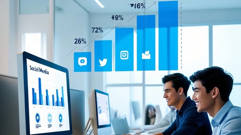 Dos hombres trabajando en una oficina moderna con gráficos de crecimiento de redes sociales en las pantallas de las computado