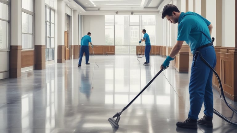 A professional cleaner wiping a large office window with a squeegee