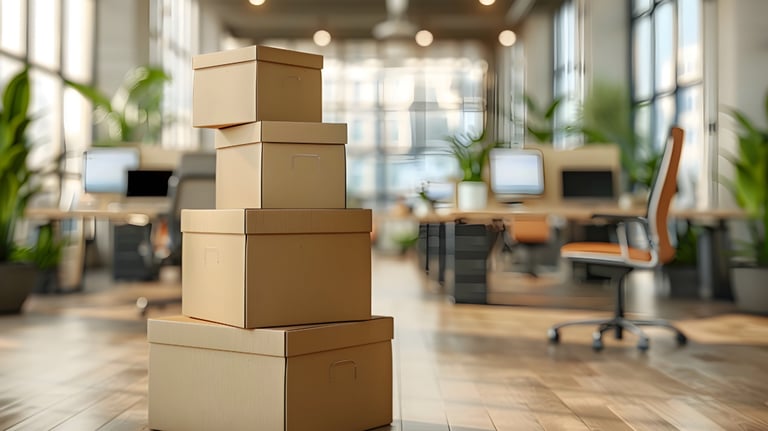 Oficina moderna y alegre de suelos de madera clara, con plantas verdes y cinco ventanales luminosos.