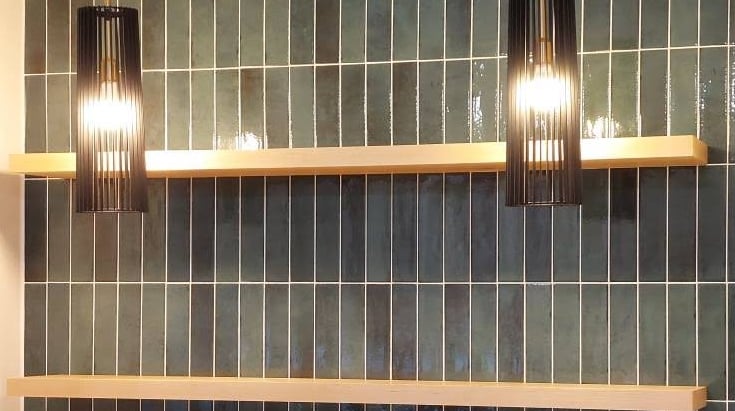 Backsplash wall with new custom shelves and new light pendants