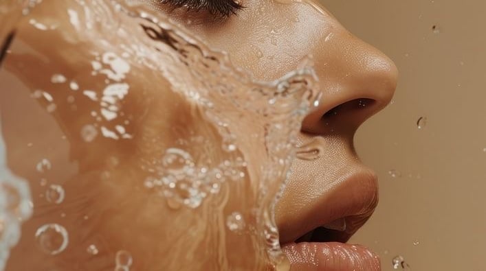 Rostro femenino con gotas de agua simboliza el shot de hidratación facial con ácido hialurónico.