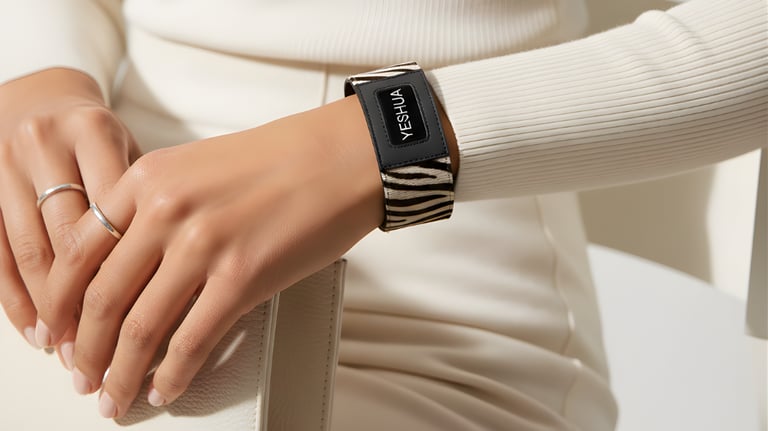 A person wearing a zebra print leather cuff bracelet with a Yeshua text on the front