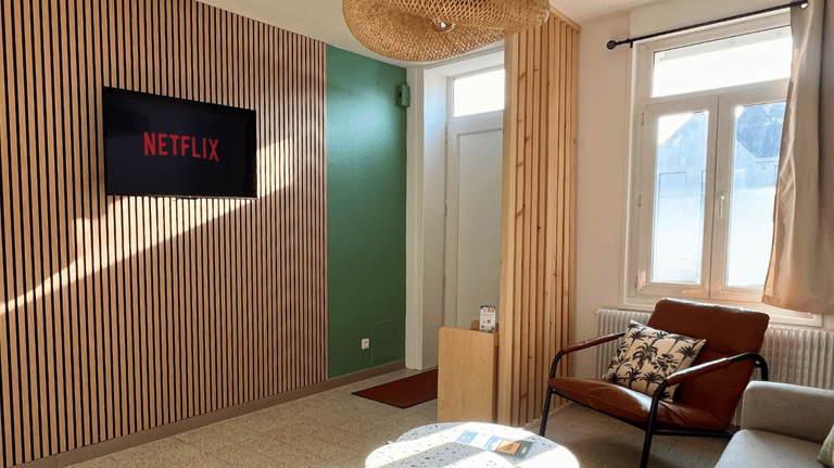 Salon avec TV connectée et Netflix inclus dans logement professionnel meublé.