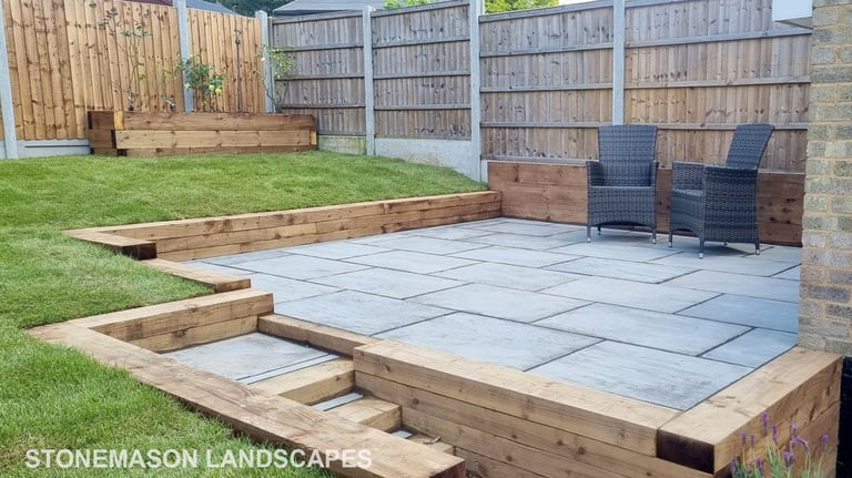 Sleeper Retaining Walls, Planters & Steps With Grey Sandstone Patio & Lawn