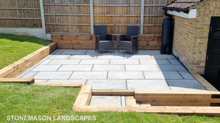 Sleeper Retaining Walls, Planters & Steps With Grey Sandstone Patio & Lawn