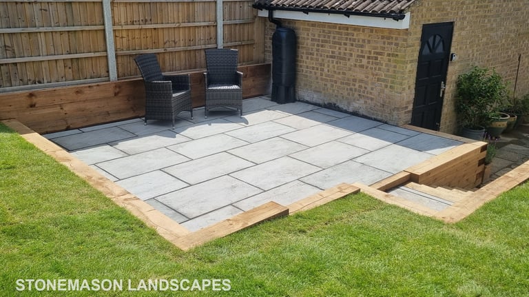 Sleeper Retaining Walls, Planters & Steps With Grey Sandstone Patio & Lawn