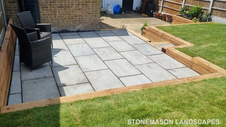Sleeper Retaining Walls, Planters & Steps With Grey Sandstone Patio & Lawn