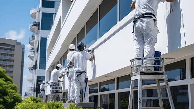 Fachada de oficinas siendo pintada de blanco, por cinco pintores subidos a escaleras de pintor.