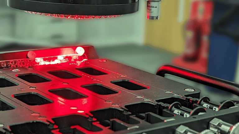 Multi-nest metrology fixture holding small thin medical devices whilst being inspected by an optical CMM.