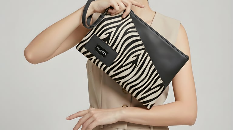 Elegant model holding a zebra print leather clutch bag with a wristlet strap and black trim.